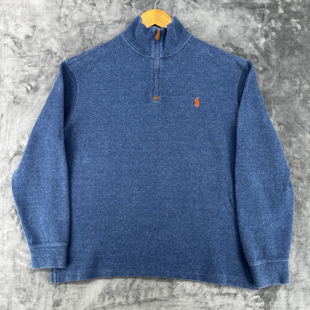 Polo Ralph Lauren 1/4 Zip Sweatshirt Men's Large Blue Orange Pony Cotton Fleece
